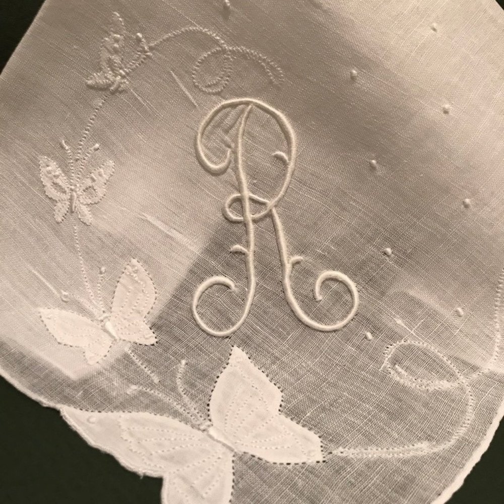 Beautiful 'R' Monogram Handkerchief, Embroidered